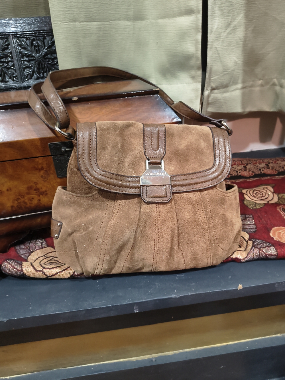 Tignanello Brown Suede Shoulder Bag with Leather Trim